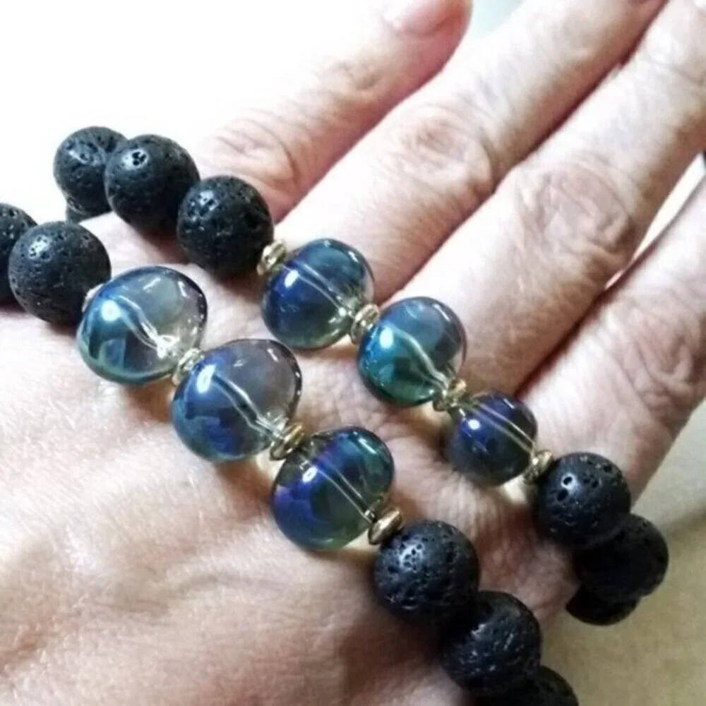 C.H.U.N.K.Y. MONKEY! Iridescent Shimmering Glass + Lava Rock Beaded Bracelet